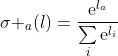 {​{\sigma }_{a}}(l)=\frac{​{​{\text{e}}^{​{​{l}_{a}}}}}{\sum\limits_{i}{​{​{\text{e}}^{​{​{l}_{i}}}}}}