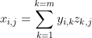 {​{x}_{i,j}}=\sum\limits_{k=1}^{k=m}{​{​{y}_{i,k}}}{​{z}_{k,j}}