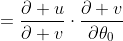 \begin{aligned}{{\partial u}\over{\partial\theta_0}}&={{\partial u}\over{\partial v}}\cdot{{\partial v}\over{\partial\theta_0}}\\&=\sum^n_{i=1}\biggl(v-y^{(i)}\biggr)\cdot1\\&=\sum^n_{i=1}\biggl(f_{\theta}(x^{(i)})-y^{(i)}\biggr)\quad\quad\quad\quad\quad\quad\quad\quad\quad(2.3.14)\end{aligned}