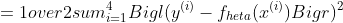 egin{aligned}E(	heta)&={1over2}sum^4_{i=1}Bigl(y^{(i)}-f_{	heta}(x^{(i)})Bigr)^2&={1over2}	imesigl((374-117)^2+(385-141)^2+(375-163)^2+(401-169)^2igr)&={1over2}	imes(66~049+59~536+44~944+53~824)&=112~176.5quadquadquadquadquadquadquadquadquadquadquadquadquadquadquadquadquadquadquadquadquad(2.3.3)end{aligned}