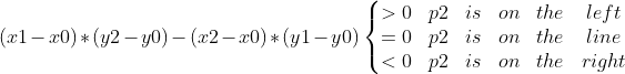 (x1-x0)*(y2-y0)-(x2-x0)*(y1-y0)\left\{\begin{matrix} >0 &p2& is& on& the&left\\ =0&p2& is& on& the&line\\ <0& p2& is& on& the&right\end{matrix}\right.