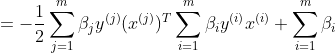 = -\frac{1}{2}\sum_{j=1}^{m}\beta_{j}y^{(j)}(x^{(j)})^{T}\sum_{i=1}^{m}\beta_{i}y^{(i)}x^{(i)}+\sum_{i=1}^{m}\beta_{i}