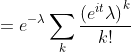 =e^{-\lambda }\sum_{k}^{ }\frac{\left ( e^{it}\lambda \right )^{k}}{k!}