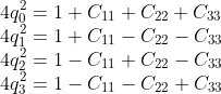 \\4q_0^2=1+C_{11}+C_{22}+C_{33}\\4q_1^2=1+C_{11}-C_{22}-C_{33}\\ 4q_2^2=1-C_{11}+C_{22}-C_{33}\\ 4q_3^2=1-C_{11}-C_{22}+C_{33}\\