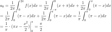\\a_0=\frac{1}{2\pi}\int_{0}^{2\pi}f(x)dx = \frac{1}{2\pi}\int_{-\pi}^{0}(x+\pi)dx + \frac{1}{2\pi}\int_{0}^{\pi}(\pi-x)dx\\=\frac{1}{2\pi}\int_{0}^{\pi}(\pi-x)dx+\frac{1}{2\pi}\int_{0}^{\pi}(\pi-x)dx=\frac{1}{\pi}\int_{0}^{\pi}(\pi-x)dx\\= \frac{1}{\pi}\cdot(\pi x-\frac{x^2}{2})\bigg|^{\pi}_{0}=\frac{\pi}{2}