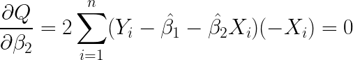 \LARGE \frac{\partial Q}{\partial \beta_2}=2\sum_{i=1}^{n}(Y_i-\hat{\beta_1}-\hat{\beta_2 }X_i)(-X_i)=0