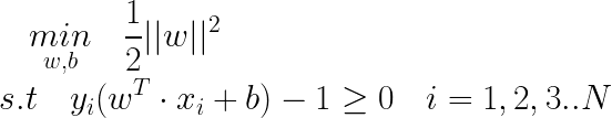 \LARGE \underset{w,b}{min} \quad \frac{1}{2} ||w||^2\\ s.t \quad y_i(w^T \cdot x_i + b) -1 \geq 0 \quad i=1,2,3..N