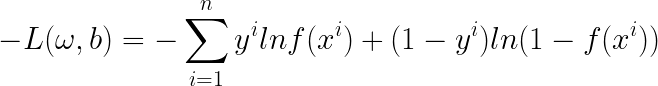 \LARGE -L(\omega ,b)=-\sum_{i=1}^{n}{y^{i}lnf(x^{i})+(1-y^{i})ln(1-f(x^{i}))