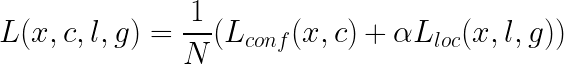 \LARGE L(x, c, l, g) = \frac{1}{N} (L_{conf}(x, c) + \alpha L_{loc}(x, l, g))
