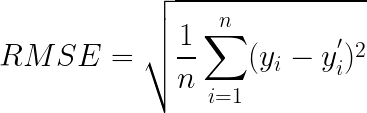 \LARGE RMSE=\sqrt{\frac{1}{n}\sum_{i=1}^{n}(y_{i}-y_{i}^{'})^{2}}