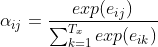 \alpha _{ij}=\frac{exp(e_{ij})}{\sum_{k=1}^{T_x} exp(e_{ik})}