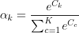 \alpha _{k}=\frac{e^{C_{k}}}{\sum _{c=1}^{K}e^{C_{c}}}