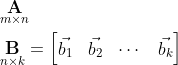 \begin{align*} & \underset{m \times n}{\mathbf{A}} \\ & \underset{n \times k}{\mathbf{B}} = \begin{bmatrix} \vec{b_1} & \vec{b_2} & \cdots & \vec{b_k} \end{bmatrix} \end{align*}