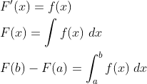 \begin{align*} & F'(x) = f(x) \\ & F(x) = \int f(x) \; dx \\ & F(b) - F(a) = \int _a ^b f(x) \; dx \end{align*}