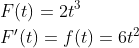 \begin{align*} & F(t) = 2t^3 \\ & F'(t) = f(t) = 6t^2 \end{align*}