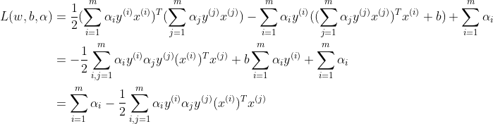 \begin{align*} L(w,b,\alpha) &= \frac{1}{2}(\sum_{i=1}^{m}\alpha_iy^{(i)}x^{(i)})^T(\sum_{j=1}^{m}\alpha_jy^{(j)}x^{(j)}) -\sum_{i=1}^{m}\alpha_iy^{(i)}((\sum_{j=1}^{m}\alpha_jy^{(j)}x^{(j)})^Tx^{(i)}+b)+\sum_{i=1}^{m}\alpha_i \\ &= -\frac{1}{2}\sum_{i,j=1}^{m}\alpha_iy^{(i)}\alpha_jy^{(j)}(x^{(i)})^Tx^{(j)}+b\sum_{i=1}^{m}\alpha_iy^{(i)}+\sum_{i=1}^{m}\alpha_i \\ &= \sum_{i=1}^{m}\alpha_i-\frac{1}{2}\sum_{i,j=1}^{m}\alpha_iy^{(i)}\alpha_jy^{(j)}(x^{(i)})^Tx^{(j)} \end{align*}