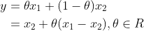 \begin{align*} y&= \theta x_{1} + (1-\theta )x_{2}\\ &= x_{2} + \theta(x_{1}-x_{2}),\theta\in R \end{align*}