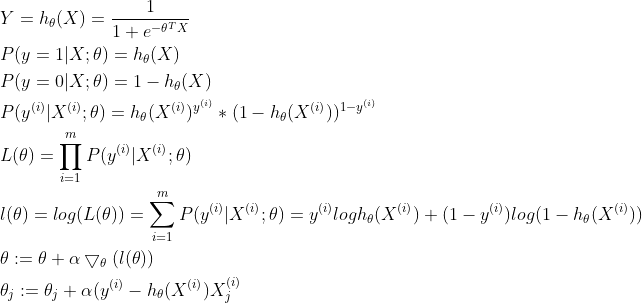 \begin{aligned} &Y = h_\theta(X) = \frac{1}{1+e^{-\theta^TX}} \\ &P(y=1|X;\theta) = h_\theta(X) \\ &P(y=0|X;\theta) = 1 - h_\theta(X) \\ &P(y^{(i)}|X^{(i)};\theta) = h_\theta(X^{(i)})^{y^{(i)}} * (1 - h_\theta(X^{(i)})) ^ {1 - y^{(i)}} \\ &L(\theta) = \prod^m_{i=1}{P(y^{(i)}|X^{(i)};\theta)} \\ &l(\theta) = log(L(\theta)) = \sum^m_{i=1}{P(y^{(i)}|X^{(i)};\theta)} = y^{(i)}logh_\theta(X^{(i)}) + (1-y^{(i)})log(1 - h_\theta(X^{(i)})) \\ &\theta := \theta + \alpha\bigtriangledown_\theta(l(\theta)) \\ &\theta_j := \theta_j + \alpha(y^{(i)} - h_\theta(X^{(i)})X^{(i)}_j \end{aligned}