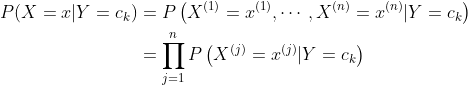 \begin{aligned} P ( X = x | Y = c _ { k } ) & = P \left( X ^ { ( 1 ) } = x ^ { ( 1 ) } , \cdots , X ^ { ( n ) } = x ^ { ( n ) } | Y = c _ { k } \right) \\ & = \prod _ { j = 1 } ^ { n } P \left( X ^ { ( j ) } = x ^ { ( j ) } | Y = c _ { k } \right) \end{aligned}