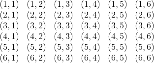 \begin{array}{cccccc} (1,1) & (1,2) & (1,3) & (1,4) & (1,5) & (1,6)\\ (2,1) & (2,2) & (2,3) & (2,4) & (2,5) & (2,6)\\ (3,1) & (3,2) & (3,3) & (3,4) & (3,5) & (3,6)\\ (4,1) & (4,2) & (4,3) & (4,4) & (4,5) & (4,6)\\ (5,1) & (5,2) & (5,3) & (5,4) & (5,5) & (5,6)\\ (6,1) & (6,2) & (6,3) & (6,4) & (6,5) & (6,6) \end{array}