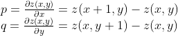 \begin{array}{l} p=\frac{\partial z(x, y)}{\partial x}=z(x+1, y)-z(x, y) \\ q=\frac{\partial z(x, y)}{\partial y}=z(x, y+1)-z(x, y) \end{array}
