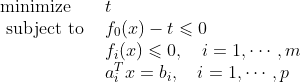\begin{array}{ll} \operatorname{minimize} & t \\ \text { subject to } & f_{0}(x)-t \leqslant 0 \\ & f_{i}(x) \leqslant 0, \quad i=1, \cdots, m \\ & a_{i}^{T} x=b_{i}, \quad i=1, \cdots, p \end{array}