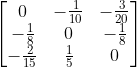 \begin{bmatrix} 0 & -\frac{1}{10} &-\frac{3}{20} \\ -\frac{1}{8}& 0 & -\frac{1}{8} \\ -\frac{2}{15} &\frac{1}{5} &0 \end{bmatrix}
