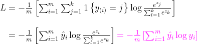 \begin{matrix} L = - \frac{1}{m} \left[ \sum_{i=1}^{m} \sum_{j=1}^{k} 1\left\{y_{(i)} = j\right\} \log \frac{e^{z_{j}}}{\sum_{l=1}^k e^{z_{k} }}\right]\\ \\ \; \; \; \; \; \; \; \; \; \; \; \; =- \frac{1}{m} \left[ \sum_{i=1}^{m} \hat{y}_{i} \log \frac{e^{z_{i}}}{\sum_{l=1}^k e^{z_{k} }}\right] {\color{Magenta} =- \frac{1}{m} \left[ \sum_{i=1}^{m} \hat{y}_{i} \log y_{i}\right]} \end{matrix}