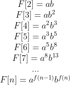 \begin{matrix}F[2]=ab \\ F[3]=ab^2 \\ F[4]=a^2b^3 \\ F[5]=a^3b^5 \\ F[6]=a^5b^8 \\ F[7]=a^8b^{13} \\ ... \\ F[n]=a^{f(n-1)}b^{f(n)} \end{matrix}