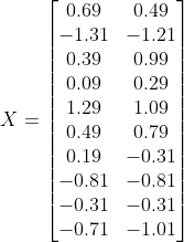 X=\begin{bmatrix} 0.69 &0.49 \\ -1.31&-1.21\\ 0.39&0.99 \\ 0.09& 0.29\\ 1.29&1.09 \\ 0.49&0.79 \\ 0.19&-0.31 \\ - 0.81&-0.81 \\ -0.31&-0.31 \\ -0.71 & -1.01 \end{bmatrix}