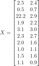X=\begin{bmatrix} 2.5&2.4 \\ 0.5&0.7 \\ 22.2& 2.9\\ 1.9&2.2 \\ 3.1&3.0 \\ 2.3&2.7 \\ 2.0&1.6 \\ 1.0&1.1 \\ 1.5&1.6 \\ 1.1&0.9 \end{bmatrix}