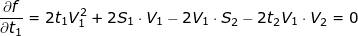 \small \frac{\partial f}{\partial t_1} = 2t_1V_1^{2}+2S_1\cdot V_1-2V_1\cdot S_2-2t_2V_1\cdot V_2 = 0