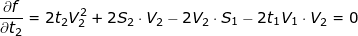 \small \frac{\partial f}{\partial t_2} = 2t_2V_2^{2}+2S_2\cdot V_2-2V_2\cdot S_1-2t_1V_1\cdot V_2 = 0