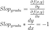 \\ Slop_{gradu}=\frac{\frac{\partial f(x,y)}{\partial y}}{\frac{\partial f(x,y)}{\partial x}}\\ Slop_{gradu}*\frac{dy}{dx}=-1