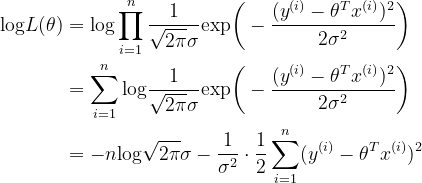 \begin{align*} \mathrm{log}L(\theta) &=\mathrm{log}\prod_{i=1}^n\frac{1}{\sqrt{2\pi}\sigma}\mathrm{exp}\bigg(-\frac{(y^{(i)}-\theta^Tx^{(i)})^2}{2\sigma^2}\bigg) \\&= \sum_{i=1}^n\mathrm{log}\frac{1}{\sqrt{2\pi}\sigma}\mathrm{exp}\bigg(-\frac{(y^{(i)}-\theta^Tx^{(i)})^2}{2\sigma^2}\bigg) \\ &=-n\mathrm{log}{\sqrt{2\pi}\sigma}-\frac{1}{\sigma^2}\cdot\frac{1}{2}\sum_{i=1}^n(y^{(i)}-\theta^Tx^{(i)})^2\end{align*}