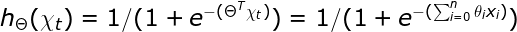 \large h_{\Theta } (\chi_{t} )=1/(1+e^{-(\Theta ^{T}\chi_{t}) })=1/(1+e^{-(\sum_{i=0}^{n}\theta_{i}x _{i}) })