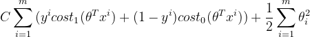 C\sum_{i=1}^{m}{(y^icost_1(\theta^Tx^i)+(1-y^i)cost_0(\theta^Tx^i))}+\frac{1}{2}\sum_{i=1}^{m}{\theta_i^2}