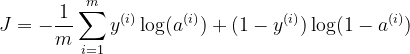 J = -\frac{1}{m}\sum_{i=1}^{m}y^{(i)}\log(a^{(i)})+(1-y^{(i)})\log(1-a^{(i)})