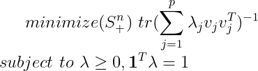 minimize (S_+^n)\, \,tr (\sum_{j=1}^p\lambda_jv_jv_j^T)^{-1} \\ subject \, \, to \, \, \lambda \geq 0,\boldsymbol{1}^T\lambda =1