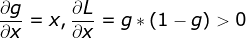 \frac{\partial g}{\partial x}=x,\frac{\partial L}{\partial x}=g*(1-g)>0