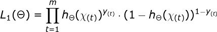 \large L_{1}(\Theta )=\prod_{t=1}^{m}h_{\Theta } (\chi_{(t)} )^{y_{(t)}}\cdot (1-h_{\Theta } (\chi_{(t)}) )^{1-y_{(t)}}