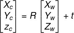 \LARGE \begin{bmatrix} X_{c}\\ Y_{c}\\ z_{c} \end{bmatrix}=R\begin{bmatrix} X_{w}\\ Y_{w}\\ Z_{w} \end{bmatrix}+t