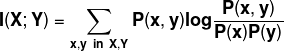 \mathbf{I(X;Y)=\sum_{x,y\ in\ X,Y}P(x,y)log\frac{P(x,y)}{P(x)P(y)}}