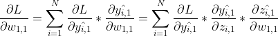\frac{\partial {L}}{\partial{w_{1,1}}} = \sum _{i = 1}^{N}\frac{\partial {L}}{\partial{\hat{y_{i,1}}}} * \frac{\partial {\hat{y_{i,1}}}}{\partial{w_{1,1}}} = \sum _{i = 1}^{N}\frac{\partial {L}}{\partial{\hat{y_{i,1}}}} * \frac{\partial {\hat{y_{i,1}}}}{\partial{z_{i,1}}} * \frac{\partial {\hat{z_{i,1}}}}{\partial{w_{1,1}}}