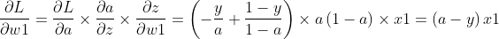 \ frac {\ L parcial} {\ parcial w1} = \ frac {\ parcial L} {\ parcial a} \ veces \ frac {\ parcial a} {\ parcial z} \ veces \ frac {\ parcial z} {\ parcial w1} = \ left (- \ frac {y} {a} + \ frac {1-y} {1-a} \ right) \ times a \ left (1-a \ right) \ times x1 = \ left (ay \ derecha) x1