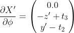 \frac{\partial X'}{\partial \phi}=\begin{pmatrix} 0.0\\ -z'+t_3\\ y'-t_2 \end{pmatrix}