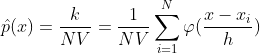 \hat{p}(x)=\frac{k}{NV}=\frac{1}{NV}\sum_{i=1}^N\varphi(\frac{x-x_i}{h})