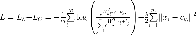 \LARGE L=L_S+L_C= -\frac{1}{m}{\sum\limits_{i=1}^m}\log\left(\frac{e^{W^T_{y_i}x_i+b_{y_i}}}{ {\sum\limits_{j=1}^n}e^{W^T_jx_i+b_j} }\right)+\frac{\lambda}{2}{\sum\limits_{i=1}^m}{||x_i-c_{y_i}||}^2