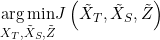 \underset{X_{T}, \tilde{X}_{S}, \tilde{Z}}{\arg \min } J\left(\tilde{X}_{T}, \tilde{X}_{S}, \tilde{Z}\right)