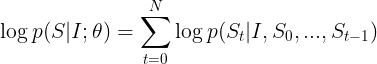 \large \log p(S|I;\theta)=\sum_{t=0}^{N}\log p(S_{t}|I,S_{0},...,S_{t-1})